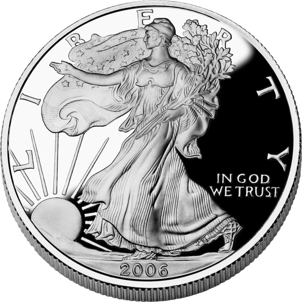 Walking Liberty on a 2006 proof Silver Eagle with mirrored fields